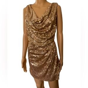 Black Metallic Gold Sequin Cowl Neck Draped Formal Party New Years Mini Dress